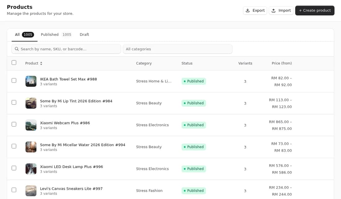 The admin product list: 1,005 published products with categories, variants and price ranges