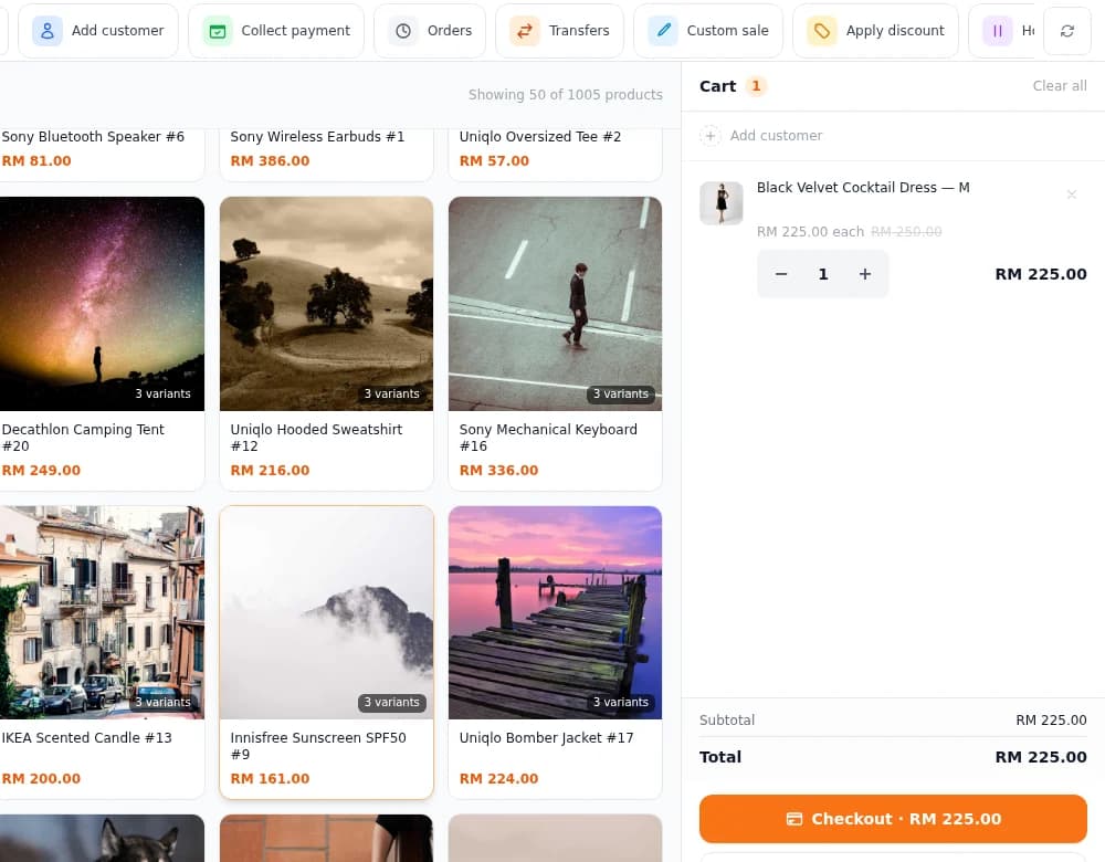 The O2O Commerce point of sale: product grid with live stock, a cart and a checkout total