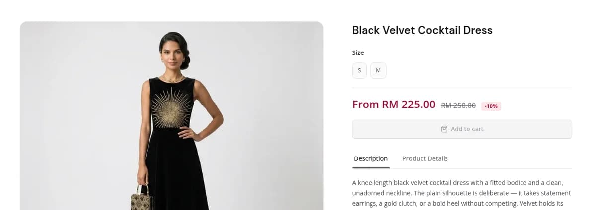 A live product page on a store running O2O Commerce, with size options, a discounted price and an add-to-cart button